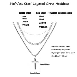 CSIYANJRY99 Layered Cross Necklace for Men Women,Mens Cross Necklace Stainless Steel Cross Chain Pendant Figaro Chain Box Chain Faith Necklace 20 22 Inch Silver Cross Necklace