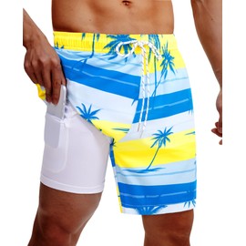 Gleeease Mens Swim Trunks 7 Inch with Compression Liner 2 in 1 Swim Shorts Stretch Quick Dry Bathing Suits with Pockets