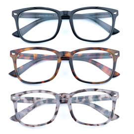 FEIVSN 3 Pack Reading Glasses for Women Men Full Lens Readers PC Frame Fixed Hinge One Power Eyewear, Black + Brown Tortoiseshell + Pea Color, +1.75