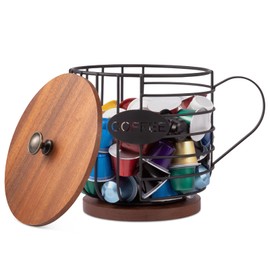 KERYOOLI Coffee Pod Holder with Lid, Large Capacity K Cup Coffee Filter Holder with Rustic Wooden Base, Black Wire Coffee Storage Basket for Kitchen Countertop, Coffee Bar, Coffee Station Organizer