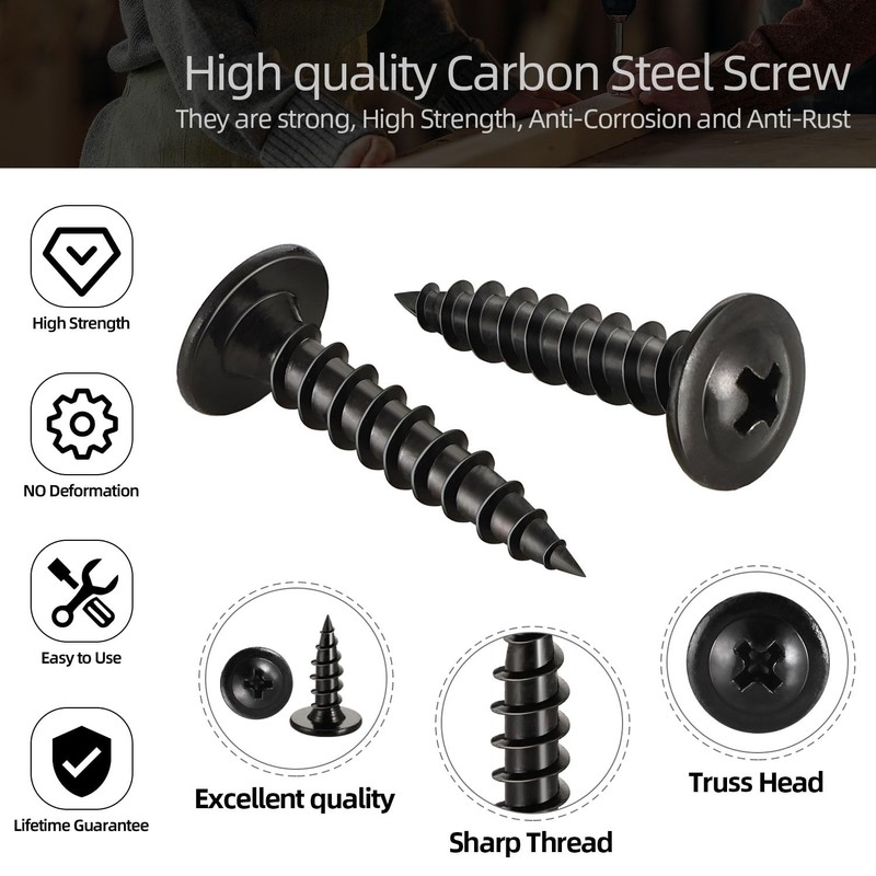 #10 x 1-1/2" Black Truss Head Wood Screws, Phillips Drive