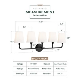 METWET Bathroom Light Fixtures, 5 Light Matte Black Vanity Lights with Flared White Fabric Shade, 35 Inch Wall Sconce, Modern Sconces Wall Lighting for Hallway Bedroom, VL837-MB-5
