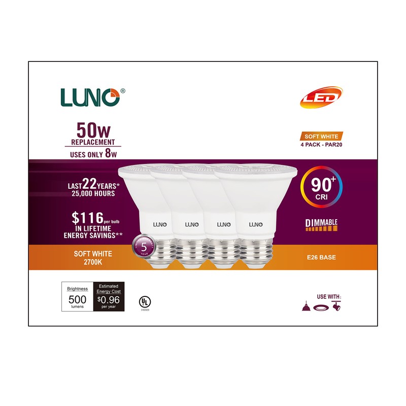 LUNO PAR20 Dimmable LED Bulb, CRI 90+, 8W (50W Equivalent),