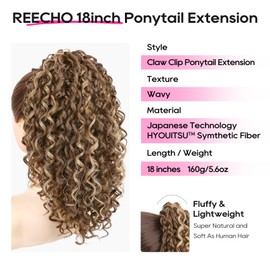 REECHO Curly Ponytail Extension for Women – Short 18" Claw Clip Ponytail Hair Extension Synthetic Pony Tails Hair Extension for Daily Wear Cosplay, Light Brown with Blonde Highlights