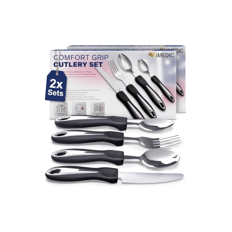 iMedic Easy Grip Cutlery for Arthritic Hands, Silver/Black, 2 Pack