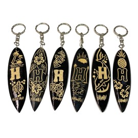 Hand Carved Initials & Hawaii w/Floral & Ocean Animal Designs Keychains, Set of 6, on a Black/Cream Wood Color Surfboard (Letter H)