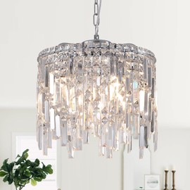 Chrome Crystal Chandelier Small Crystal Pendant Light Fixture 16" Raindrop Flush Mount Hanging Chandelier with Adjustable Chain K9 Crystals 2 Tiers for Kitchen Island Dining Room Bedroom Hallway