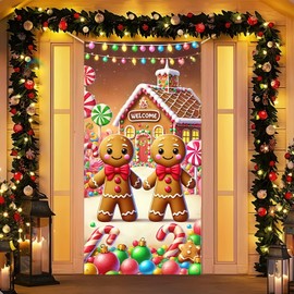 Joyful Gingerbread House Door Cover Christmas Gingerbread Door Banner Indoor Outdoor Christmas Decorations 71×35 Inches