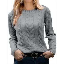 Runcati Women's Crewneck Pullover Casual Plain Elegant Long Sleeve Cable Knit Soft Chunky Sweater Tops, gray, XL