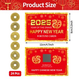 Jremreo 24 Counts Chinese New Year 2025 Scratch Off Fortune Cards with 24 Fortune Coins, Lunar New Year Scratch Game Cards, Spring Festival Party Supplies for Year of The Snake Presents Gifts