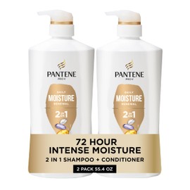 Pantene 2-in-1 Shampoo & Conditioner, Daily Moisture Renewal - Pro-V Nutrients for Dry, Color-Treated, Straight to Curly Hair, 72-Hour Hydration & Softness, 27.7 Oz Each, 2-Pack + Rescue Shot (0.5 Oz)