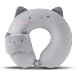 Travel Pillow for Aeroplane with Eye Mask, Neck Pillow, Aeroplane Headrest, Sleeping Pillow for Children and Adults, Home and Office Sleeping Pillow (Grey Cat)