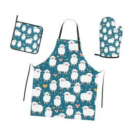 Oplp Cartoon Sheep Background 3 Piece Kitchen Set Waterproof Apron with Oven Mitt and Pot Holder Cooking Adjustable Apron Microwave Glove Potholder