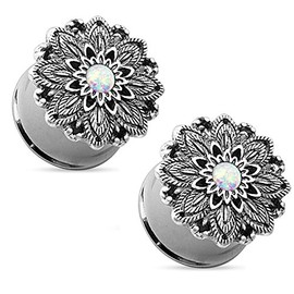 Pierced Owl Antique Silver Plated Stainless Steel Opal Centered Lotus Flower Top Double Flared Plug Gauges, Sold as a Pair (12mm (1/2"))