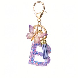 TRAVELKNOT Keychain Letter Butterfly Tassel Women Purse Backpack Decoration Personality, purple