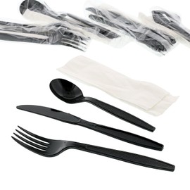 AmerCareRoyal 4-in-1 Disposable Silverware Heavy Weight Plastic Utensil Set with Soup Spoon, Fork, Knife and 13x17 inch Napkin - Individually Wrapped Cutlery Meal Kit, Black, Case of 250