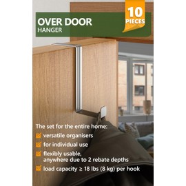 4smile Over Door Hanger Set of 10 – Silver Door Hooks for Leaf Depth 3.6 cm (1.4") + 4.6 cm (1.8"), Sturdy Coat Hooks for Door, Over Door Hook