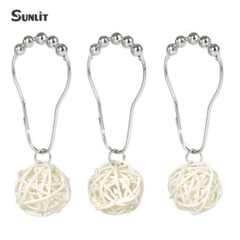 Sunlit Boho Decorative Rattan Balls Shower Curtain Hooks, Wicker Orbs Shower Curtain Rings for Bathroom, Farmhouse Shower Curtain Hangers Bathroom Accessories, Set of 12, Cream White