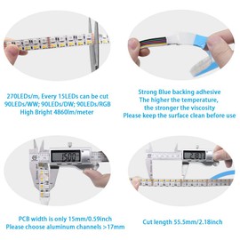 Brightest RGB+CCT Flexible led Strip Lights 270LEDs/Meter 5050 RGB + 2835 Warm White Daylight White Double Row Super Bright RGBWW Non-Waterproof Flexible LED Tape Light(DC24V 5meter/16.4ft)