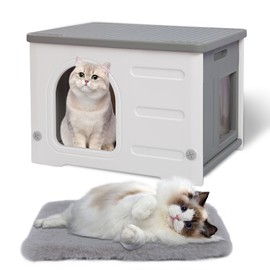 Hicaptain Cat Houses for Indoor Cats with Escape Door Plastic Outdoor Cat House Puppy Feral Cat Shelter for Small Medium Pets-Grey