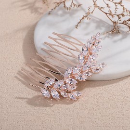 Kercisbeauty CZ Crystal Beads Leaves Rose Gold Hair Comb for Wedding Brides Bridesmaid Sparkle Hair Pieces (Rose Gold)