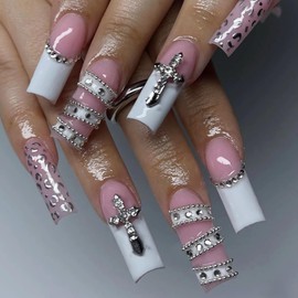 BABALAL Extra Long Press on Nails Square Fake Nails White French Tip Glue with Cross Charm Gothic Acrylic Nails Sliver Chrome Leopard Y2k 24Pcs Squoval Handmade False Nails for Women Girls