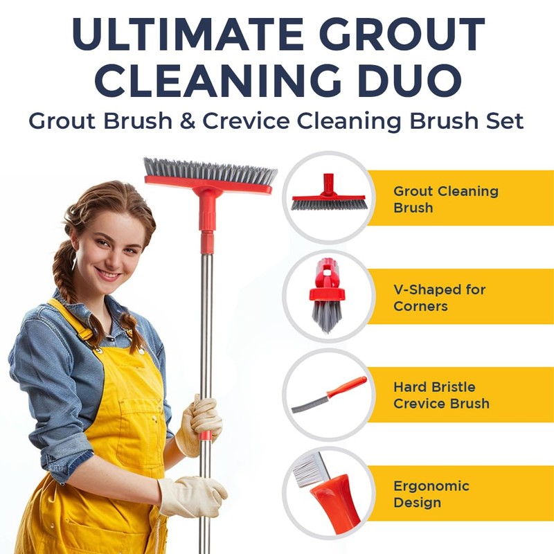 Grout Brush with Long Handle & Hard Bristle Crevice Cleaning