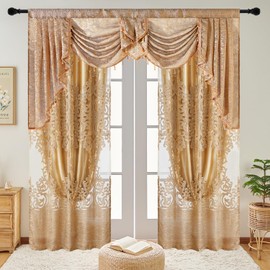 NAPEARL Jacquard Curtains with Luxury Valance for Living Room, Bedroom Curtain Drapes, Curtains with Satin Lining Curtains for Bedroom, Set of 2 Panels with Lining Curtains (Gloden, W52 x L84)