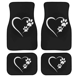 Suhoaziia White Dog Paw Heart Car Floor Mats 4 Piece Set for Front Rear Seats, Durable Floor Carpet Heavy Duty Rubber Back Universal Fits