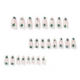 MERVF Almond Press on Nails Medium Fake Nails French Tip Stiletto Glue ons with Rhinestones Design Green Star Acrylic False Nail 24pcs Glossy
