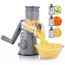 Elite Gourmet EFP593 Rotary Cheese Grater with 3 Stainless-Steel Blades for Slicing, Shredding & Fine Shredding, Strong Suction Base, Dishwasher-Safe, Gray