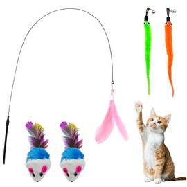 Neyeau Cat Teaser Wand, Cat Feather Toy with Bell, Kitten Stick Toy, Includes 2 Replacement Seahorse Heads and 2 Plush Mice, Suitable for Kitten Play Training and Hunting Exercise