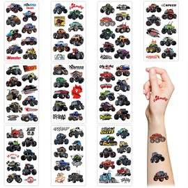 Monster Truck Car Temporary Tattoos, 10 Sheets Car Theme Fake Tattoo Stickers, Waterproof Cartoon Truck Tattoos for Boys Girls Children Party Supplies