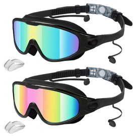 Swimming Goggles, 2 Pack Wide View Anti Fog&UV Swim Goggles with Ear Plugs, No Leaking Swim Glasses for Audlt Men Women Youth (Aqua & Pink)