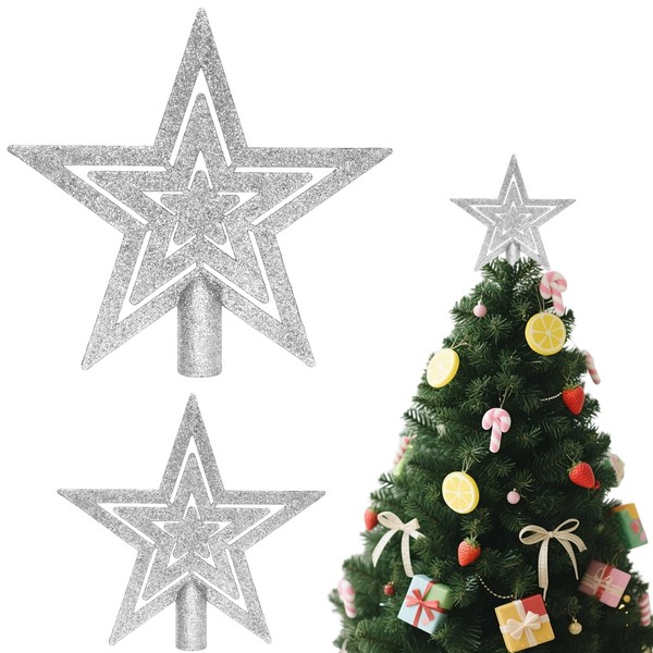 Christmas Tree Topper,2 Pcs Silver Glitter Christmas Tree Star Toppers,Star