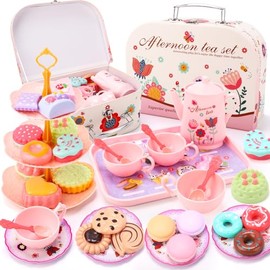 QIZEBABY Tea Party Set for Girls,Kids Tea Set Including Teapots & Teacups & Dessert & Icecream,Princess Pretend Play Toy,Play Kitchen Accessories for Toddler,Gift for 3 4 5 6 Years Old Girls Toys
