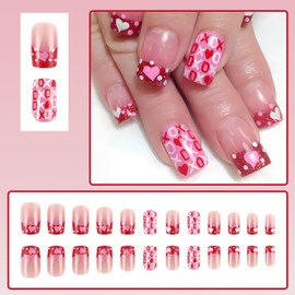 24Pcs Valentines French Tip Press on Nails Short Square Fake Nails with Heart Design Glue on Nails Full Cover Nude Pink Artificial on Nails Acrylic False Nails Cute Stick on Nails for Women
