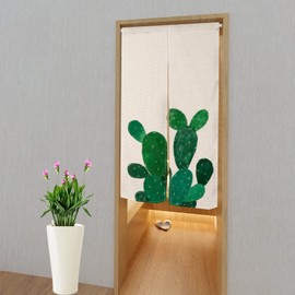 Leowefowa Japanese Noren Doorway Curtains Window Treatment Door Curtain Cactus Printed Tapestry Doorway Curtain Polyester for Ukiyoe Room Divider Home Kitchen Decors 33.5" Width x 59" Long (Beige)