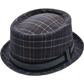 FIDRA Checked Porkpie Hat with Stripe Band, 2 Colours (Charcoal Grey)