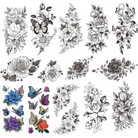 10 Sheet Long Lasting Flower Temporary Tattoos For Women Arm Neck Thigh, 3D Black Flower Rose Temporary Tattoos, fake thigh tattoos, Fake Tattoos That Look Real And Last Long, realistic tattoos long lasting waterproof