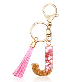 ORUZA Alphabet Initial Letter Keychain, Pink Gold Foil Initial Letter Keyring with Tassel Pendant Resin Letter Key Ring for Women Wallet Purses (J)