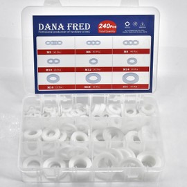 Dana Fred 240pcs White Flat Washers Spacers，9 Sizes Flat Washers Assortment Kit,M5 M6 M8 M10 M12 M14 M16 M18 M20 Nylon Washers for Screws