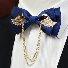 Manoble Men’s Tuxedo Adjustable Metal Golden Wings Two Layer Neck Bowtie Bow Tie (Navy Blue)