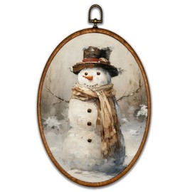 BCUANGD Vintage Snowman Oval Wall Art Decor - Retro Winter Snow Wall Art Canvas Frame Artwork Prints, Rustic Christmas Holiday Cottage Oval Wall Hanging Decorations for Home Farmhouse, 8.6"x11.4"
