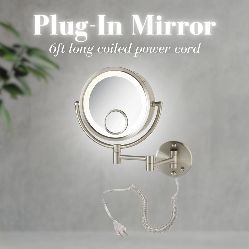 JERDON Plug in Lighted Wall Mount Makeup Mirror - 1X/7X/15x