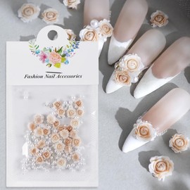 3D Flower Nail Charms Coffee Rose Nail Charm Gradient Rose Flower Nail Art Charms with Nail Pearls Beads Flower Charms for Nails Design Spring Nail Decorations Floral Nail Jewels for Nail Art Supplies