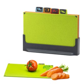 4PCS Colour Coded Chopping Board Set, Wheat Straw Cutting Board with Stand and Non-Slip Feet, Reversible Chopping Board with Storage Stand for Kitchens