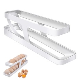 Rolling Egg Holder, Automatic Rolling Egg Dispenser, 2-Tier Egg Dispenser, Fridge Rolldown Egg Organiser for 12-14 Eggs, White