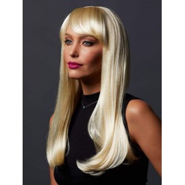 Jewell Blush Wig Color Cali Blonde - Sepia Wigs 30" Long Straight Layered Synthetic Fiber Full Bangs Fantasy Sexy Costume Bundle MaxWigs Hairloss Booklet