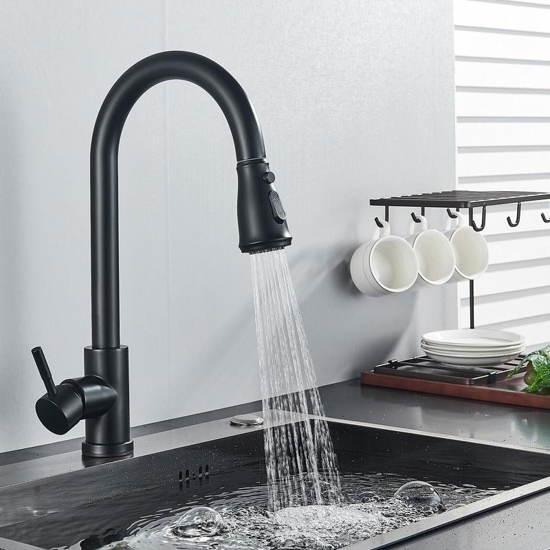Kitchen Sink Faucet Black Pull Down/Out Sprayer Swivel Single Handle